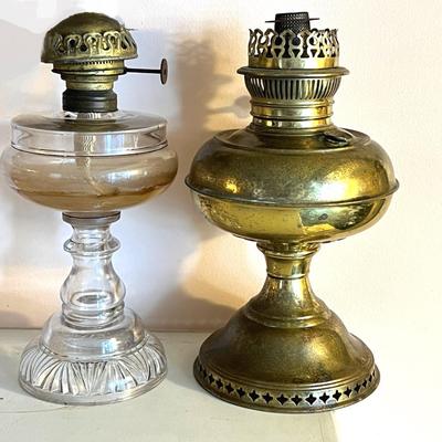 2 Antique Oil Lamps - Brass, Cut Glass