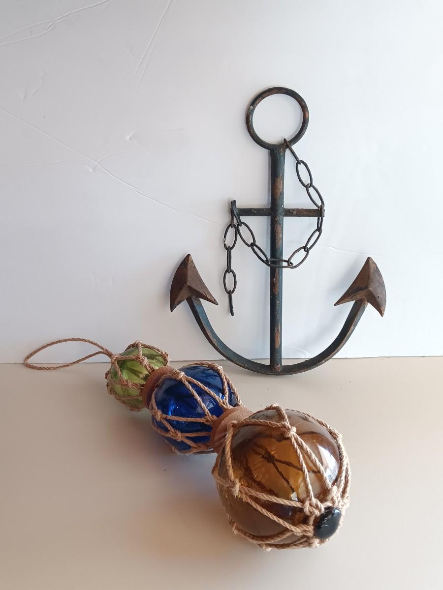 Glass fishing floats and metal anchor art - beach home decor - or for our  Colorado wanna beach!