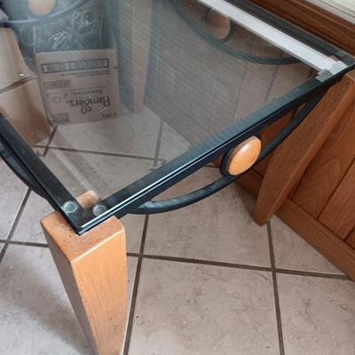 Metal framed - wooden accent - glass topped end table