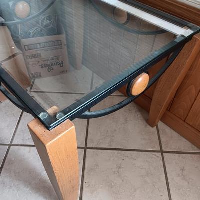 Metal framed - wooden accent - glass topped end table