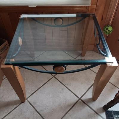 Metal framed - wooden accent - glass topped end table