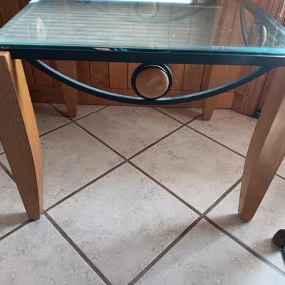 Metal framed - wooden accent - glass topped end table