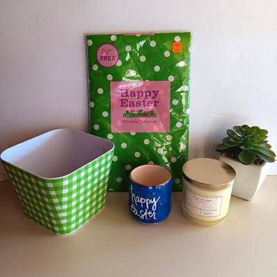 Happy Easter! Easter time decorations - table cloth - large bowl - happy Easter cup - candle and more