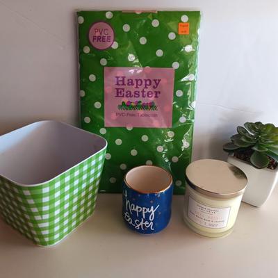 Happy Easter! Easter time decorations - table cloth - large bowl - happy Easter cup - candle and more