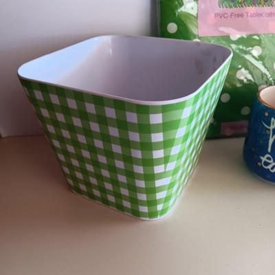 Happy Easter! Easter time decorations - table cloth - large bowl - happy Easter cup - candle and more