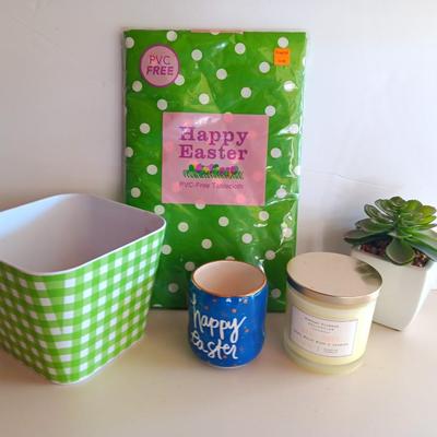 Happy Easter! Easter time decorations - table cloth - large bowl - happy Easter cup - candle and more