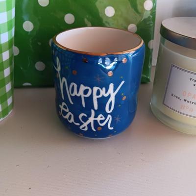 Happy Easter! Easter time decorations - table cloth - large bowl - happy Easter cup - candle and more