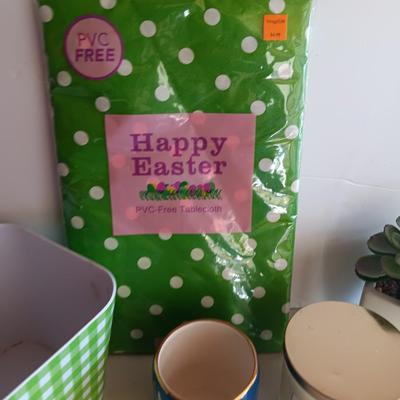 Happy Easter! Easter time decorations - table cloth - large bowl - happy Easter cup - candle and more