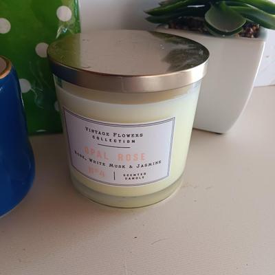 Happy Easter! Easter time decorations - table cloth - large bowl - happy Easter cup - candle and more