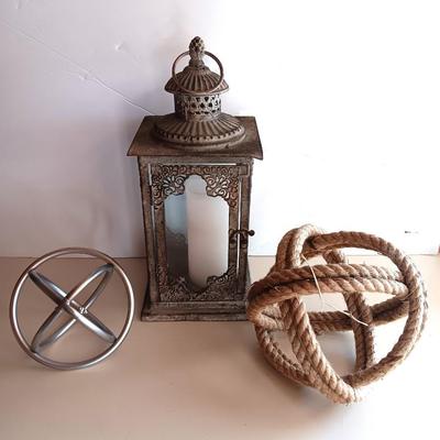 Decorative metal and rope Sphere with metal candle lantern -