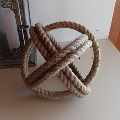 Decorative metal and rope Sphere with metal candle lantern -