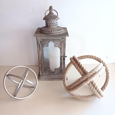 Decorative metal and rope Sphere with metal candle lantern -