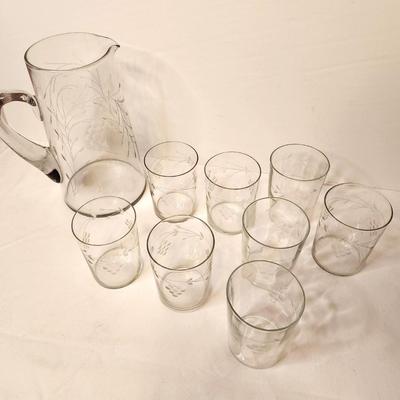 Lot #45 Vintage crystal pitcher with 8 matching glasses - grape motif