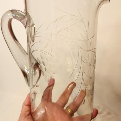 Lot #45 Vintage crystal pitcher with 8 matching glasses - grape motif