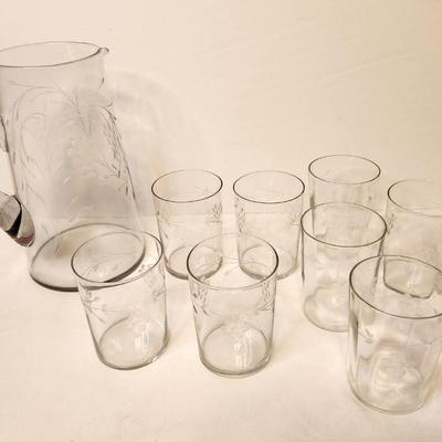 Lot #45 Vintage crystal pitcher with 8 matching glasses - grape motif