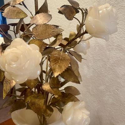 1950's Mid-Century Hollywood Regency Alabaster Lamp; Carved Roses & Bronze Foliage