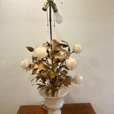 1950's Mid-Century Hollywood Regency Alabaster Lamp; Carved Roses & Bronze Foliage