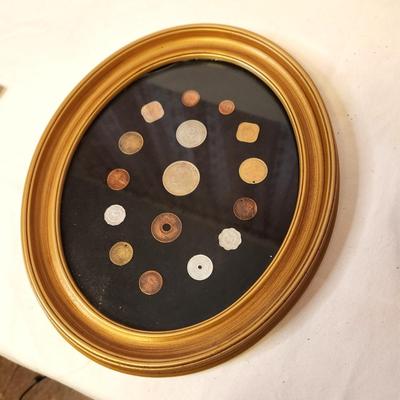 Lot #49 Lot of Foreign Coins in Oval Frame - Britain, France, Africa, etc.