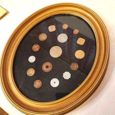 Lot #49 Lot of Foreign Coins in Oval Frame - Britain, France, Africa, etc.