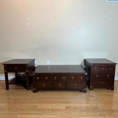 LOT 3L: Raymour & Flanigan Vintage Trunk Style Coffee Table + 2 End Tables
