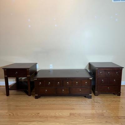 LOT 3L: Raymour & Flanigan Vintage Trunk Style Coffee Table + 2 End Tables
