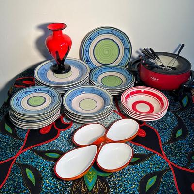 LOT 49K: Vivid Pattern Table Cover, Oscar Fondue Machine, Royal Norfolk Dishes And More