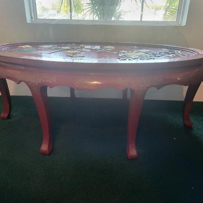 Chinese Red Lacquer Table, Circa 1970 with Applied Carving of Birds and Flowers in Soapstone