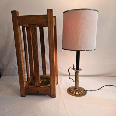 Oak Umbrella Stand and a Brass Lamp (LR-DW)