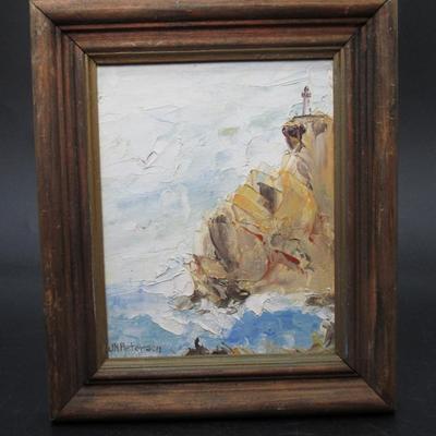 Small Seascape Coastal Lighthouse Scene Framed Artwork signed J N Peterson