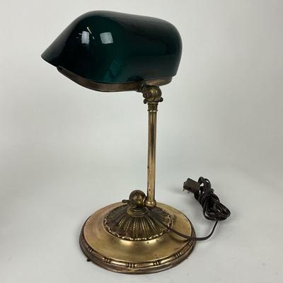 174 Antique Brass Desk Lamp Original Green Glass Shade