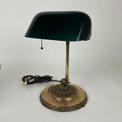 174 Antique Brass Desk Lamp Original Green Glass Shade