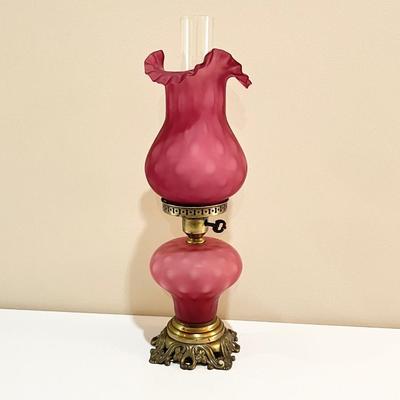 FENTON ~ Cranberry Coin Dot Hurricane / Parlor Lamp ~ With Brass Base