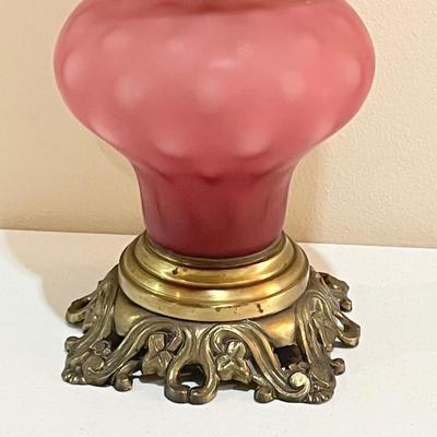 FENTON ~ Cranberry Coin Dot Hurricane / Parlor Lamp ~ With Brass Base