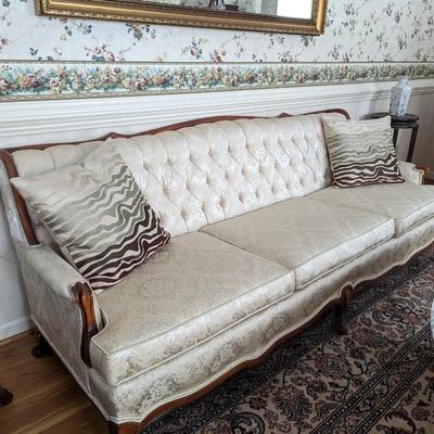 Vintage Mid century French Provincial Sofa Button Tufted back. 80" wide with Three cushions