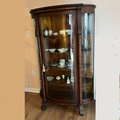 Antique Oak Bow Front Curio Cabinet