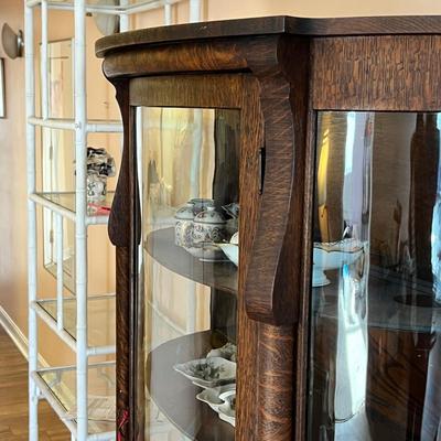 Antique Oak Bow Front Curio Cabinet