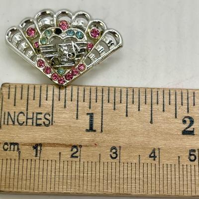 Vintage Brooch Pin Fan Shaped with Musical Notes - one stone missing