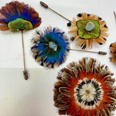 Unique and Colorful Stick Pins - Flowers made of Feathers