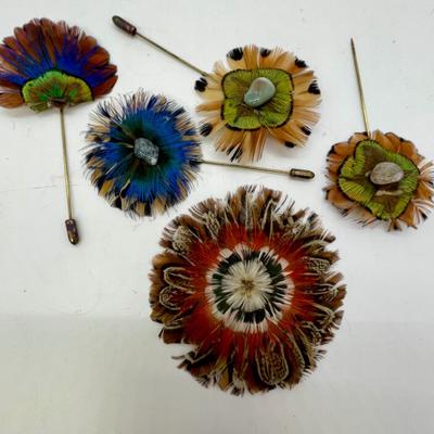 Unique and Colorful Stick Pins - Flowers made of Feathers