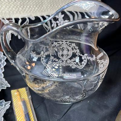 large Glass Pitcher with sterling Silver overlay, 25th Anniversary items
