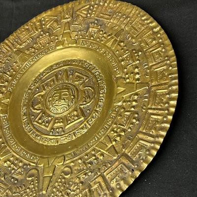 Vintage Aztec Brass, Sun Stone Calendar Plaque, Hammered Brass, Calendrio Azteca Piedra Del Sol, Tribal Primitive Gallery Wall Art