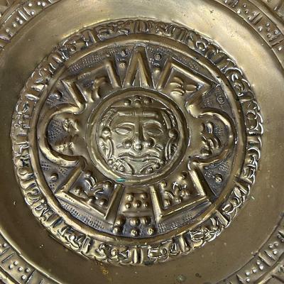 Vintage Aztec Brass, Sun Stone Calendar Plaque, Hammered Brass, Calendrio Azteca Piedra Del Sol, Tribal Primitive Gallery Wall Art