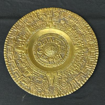 Vintage Aztec Brass, Sun Stone Calendar Plaque, Hammered Brass, Calendrio Azteca Piedra Del Sol, Tribal Primitive Gallery Wall Art