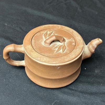 Antique Yixing Teapot of Zisha Clay 19thc Molded Prunus and Branch Handle