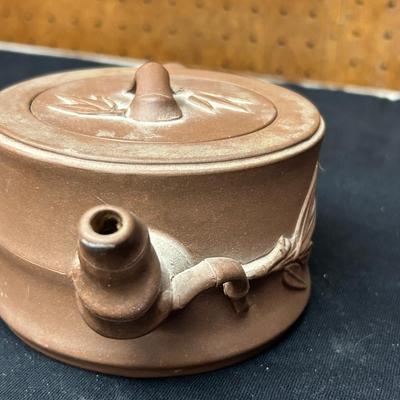Antique Yixing Teapot of Zisha Clay 19thc Molded Prunus and Branch Handle