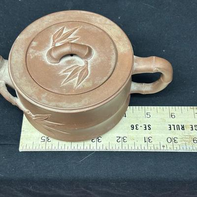 Antique Yixing Teapot of Zisha Clay 19thc Molded Prunus and Branch Handle