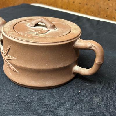Antique Yixing Teapot of Zisha Clay 19thc Molded Prunus and Branch Handle