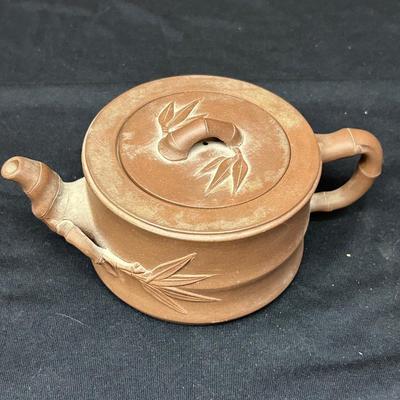 Antique Yixing Teapot of Zisha Clay 19thc Molded Prunus and Branch Handle