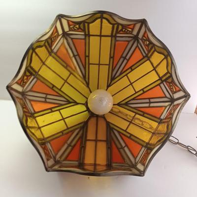 Electric stained plastic shade hanging lamp with hardwire cord and chain