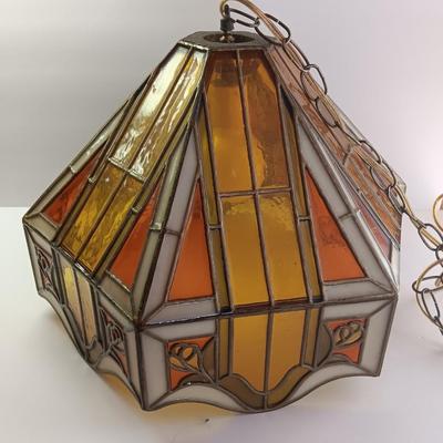 Electric stained plastic shade hanging lamp with hardwire cord and chain